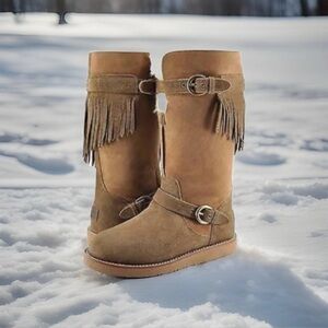 *RARE* UGG Dauphine Distressed Brown Leather Suede Fringe Fur Boots